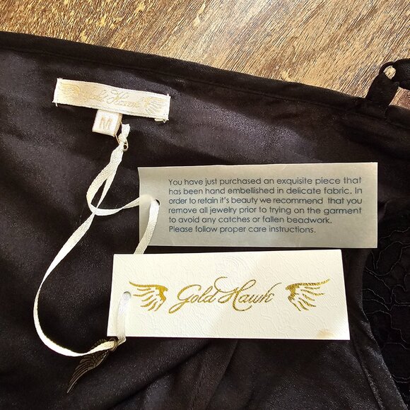 NWT! Gold Hawk Flounce Hem Lace Midi Slip A-Line Dress, M, Black - Picture 10 of 12